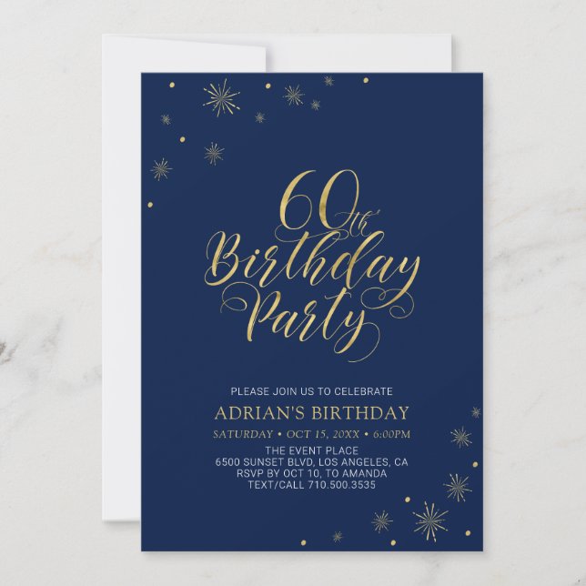 Invitation Or et bleu marine | Modern Chic 60th Birthday Part (Devant)