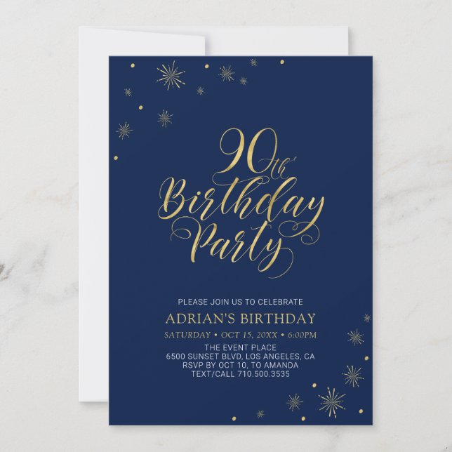 Invitation Or et bleu marine | Modern Chic 90th Birthday Part (Devant)