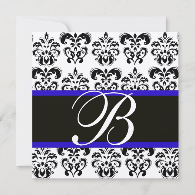 Invitation OR ET BLEU NOIR DAMAS MONOGRAMME, blanc (Devant)