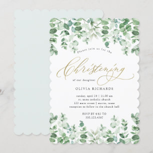 Invitation Or et Eucalyptus Elégant Aquarelle Christening