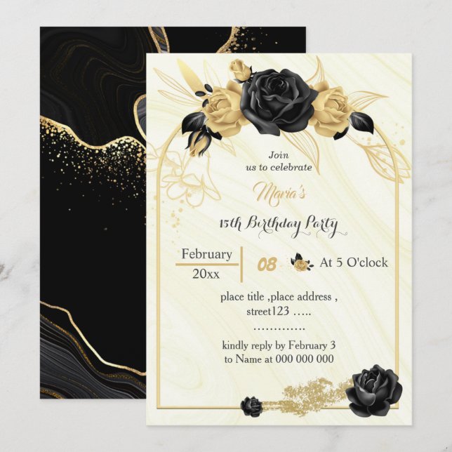 Invitation or et fleurs noires anniversaire géométrique (Devant / Derrière)