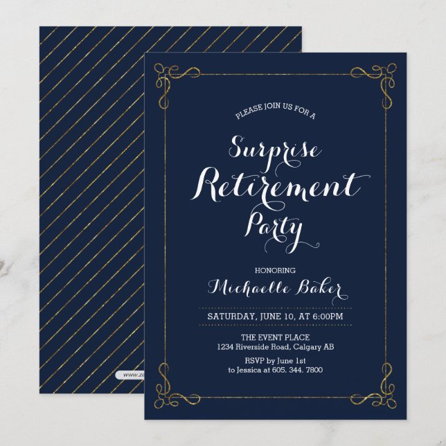 Invitation Or et marine | Élégant Parti de retraite surprise (Devant / Derrière)