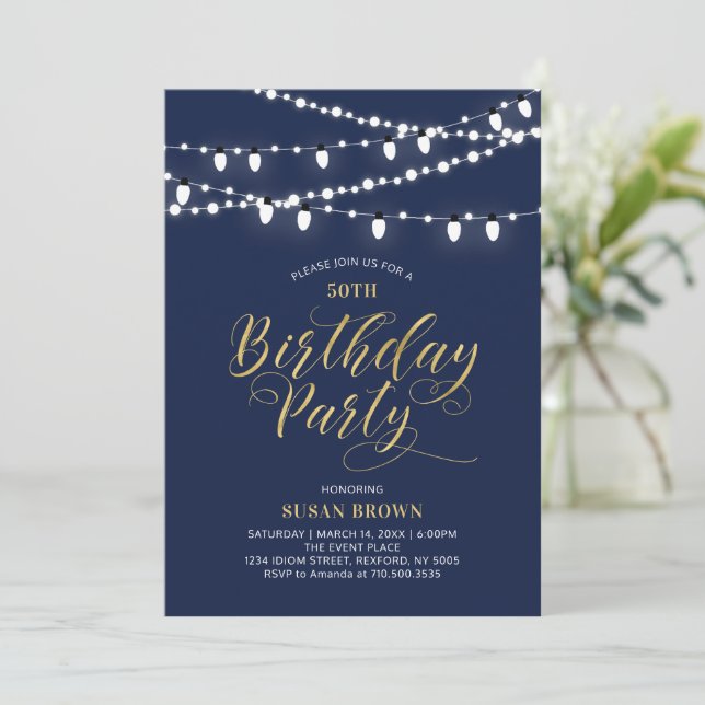 Invitation Or et marine | Fête d'anniversaire adulte 50e mode (Debout devant)