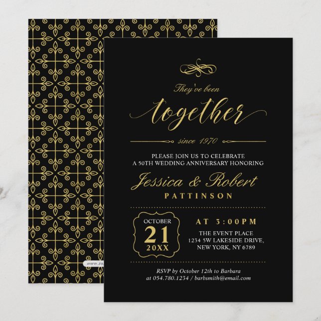 Invitation Or et Noir | 50e anniversaire de mariage élégant (Devant / Derrière)