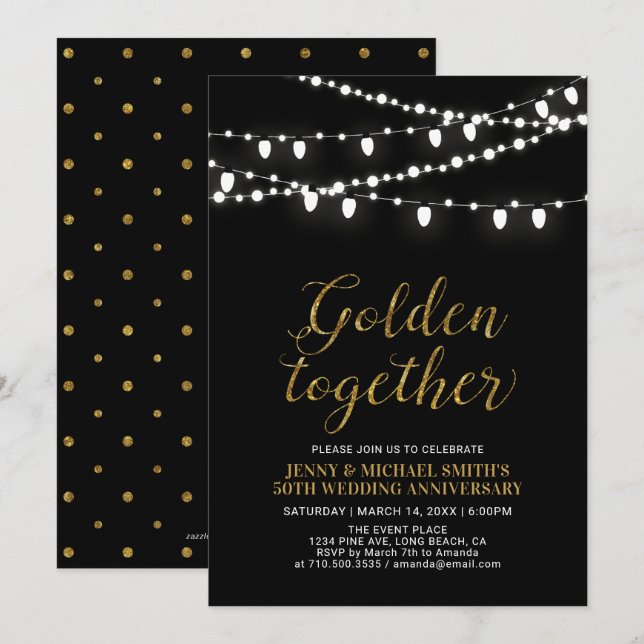 Invitation Or et noir | 50e anniversaire Mariage moderne (Devant / Derrière)