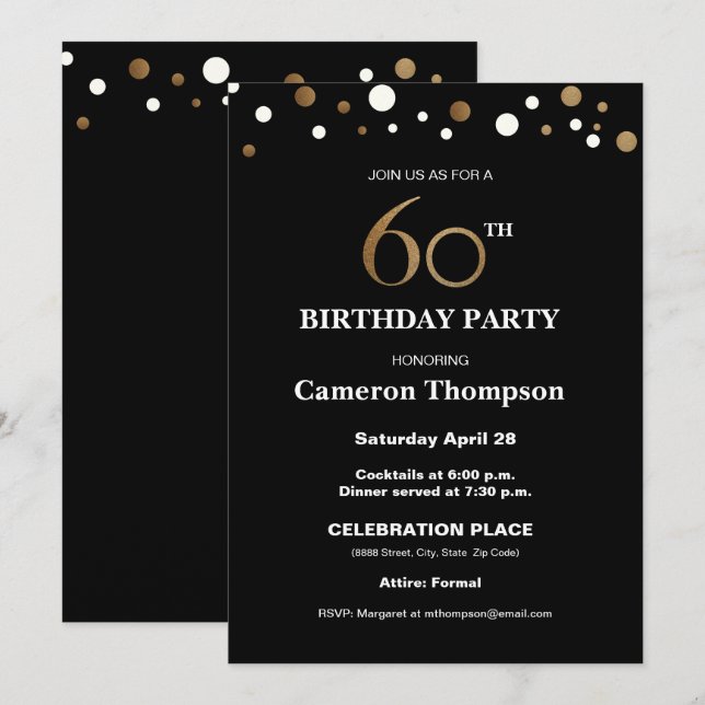 Invitation Or et noir, 60e fête d'anniversaire (Devant / Derrière)