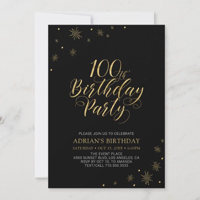Invitation Or et noir | Modern Chic 100th Birthday Party (Devant)