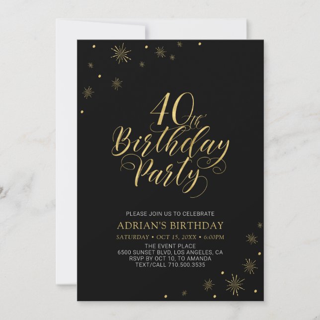 Invitation Or et noir | Modern Chic 40th Birthday Party (Devant)