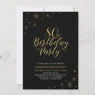 Invitation Or et noir   Modern Chic fête d'anniversaire 80e
