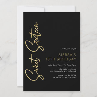 Invitation Or et noir | Moderne Sleek Sweet 16 anniversaire