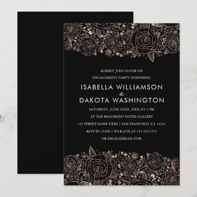 Invitation Or et noir rose | Chic Floral Engagement Party (Devant / Derrière)