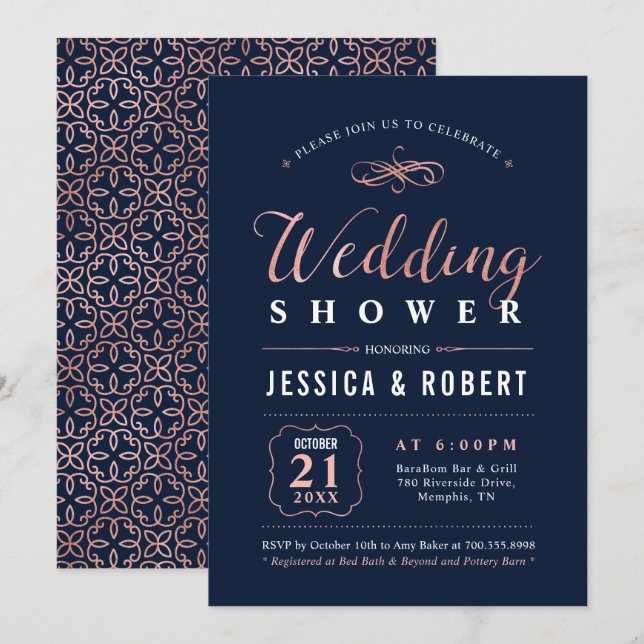 Invitation Or et noir rose | Élégant Wedding shower Couples (Devant / Derrière)
