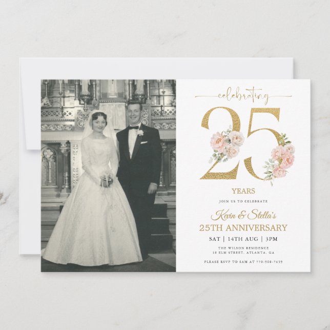 Invitation Or et rose floral 25e anniversaire (Devant)