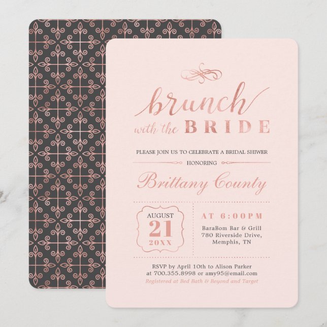 Invitation Or et rose rose | Élégant Brunch nuptial de mariag (Devant / Derrière)