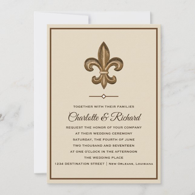 Invitation Or et Taupe French Fleur De Lis Wedding de Nola (Devant)