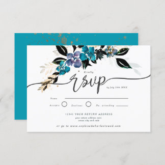 Invitation Or et turquoise, floral dramatique