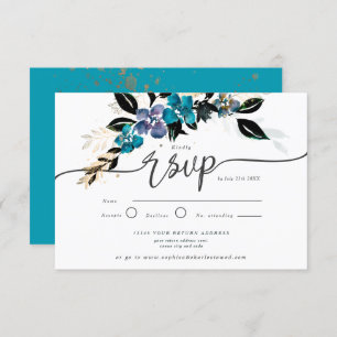 Invitation Or et turquoise, florales dramatiques