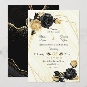 Invitation or & fleurs noires botanique mariage géométrique