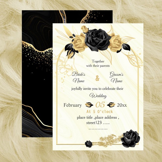 Invitation or & fleurs noires botanique mariage géométrique (Créateur téléchargé)