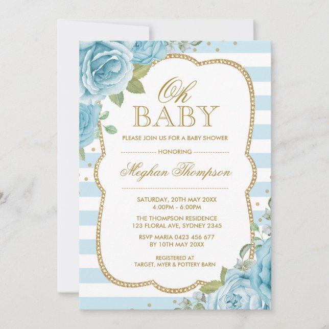 Invitation Or floral chic de bleu d'invitation de baby shower (Devant)