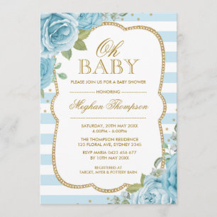 Invitation Or floral chic de bleu d'invitation de baby shower