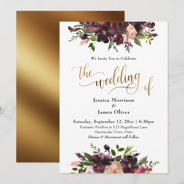 Invitation Or floral de Bourgogne rouge profonde Le Mariage d (Devant / Derrière)
