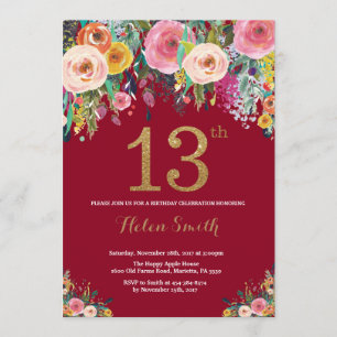Invitation Or floral d'invitation d'anniversaire de Bourgogne