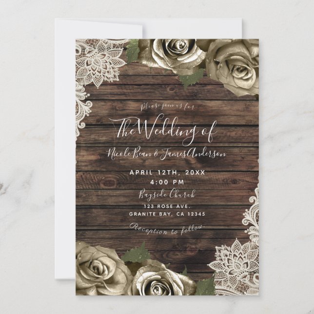 Invitation Or Floral Rose Rustic Bois Crème dentelle (Devant)