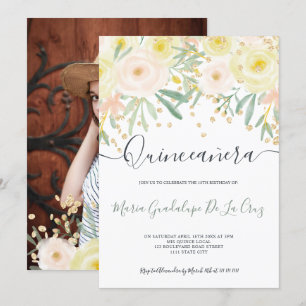 Invitation Or floral vert rose moderne Quinceanera