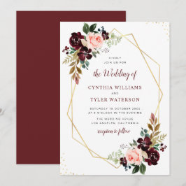 Invitation or géométrique bordeaux & floral mariage