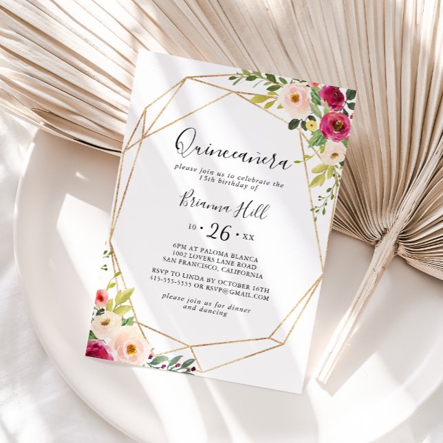 Invitation Or Géométrique Verdure rose Floral Quinceañera (Créateur téléchargé)