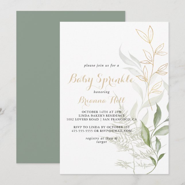 Invitation Or Green Foliage Calligraphie Baby Sprinkel (Devant / Derrière)