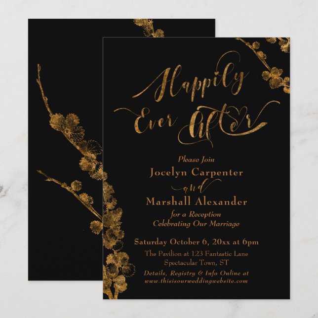Invitation Or heureux pour toujours avec des plantes sur fond (Devant / Derrière)