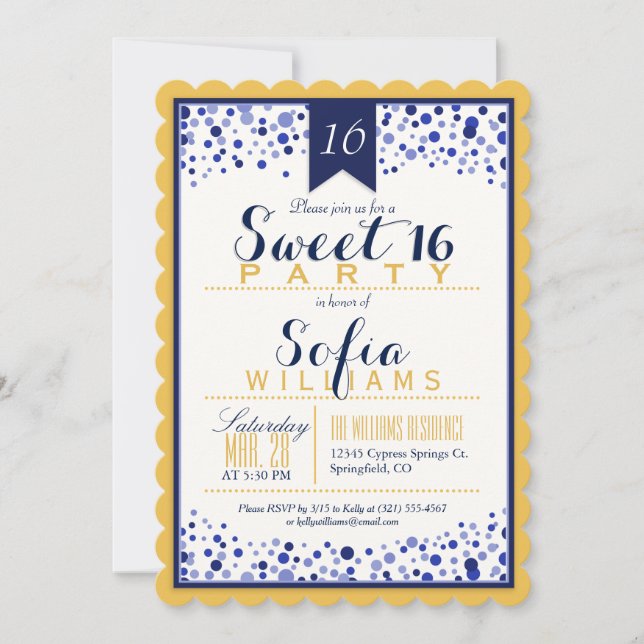 Invitation Or jaune, blanc, bleu marine Sweet 16 Party (Devant)