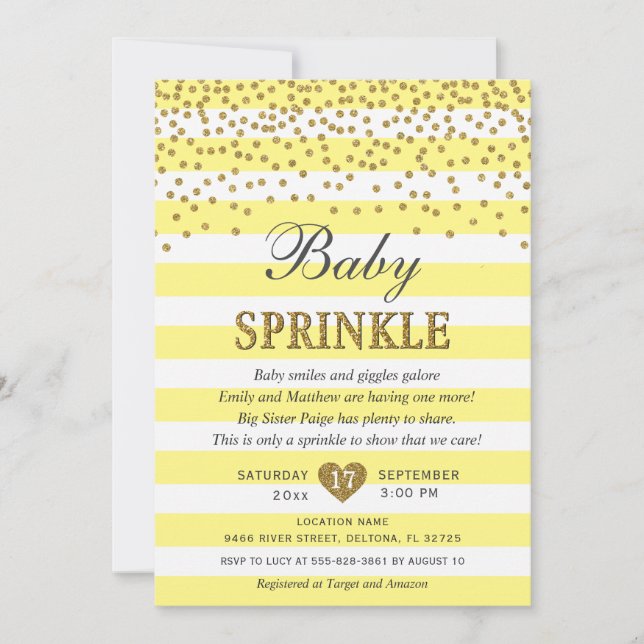 Invitation Or Jaune Clair Rayure Abeille Neutre Baby Sprinkle (Devant)