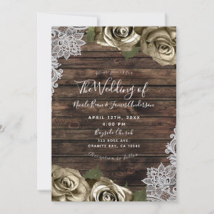 Invitation Or léger Glam Floral Roses Bois rustique Dentelle