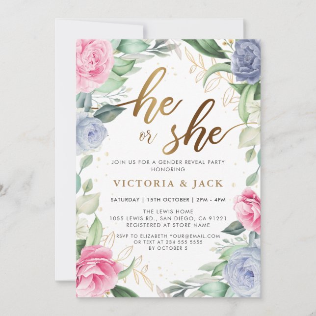 Invitation Or Lui ou Elle Floral Verdure Genre Reveal (Devant)
