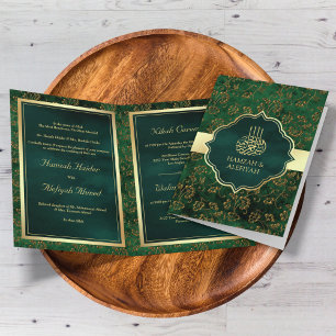 Invitation Or Mariage Musulman Émeraude Vert Filigrane Doré R