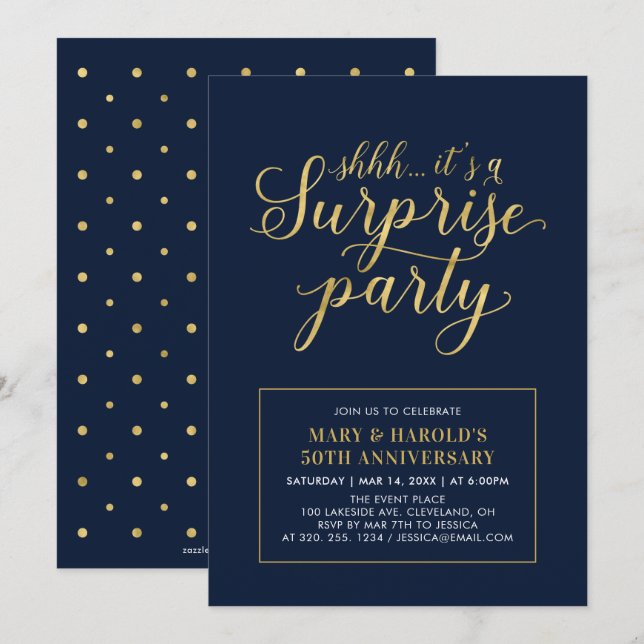 Invitation Or & Marine | 50e anniversaire de mariage surprise (Devant / Derrière)