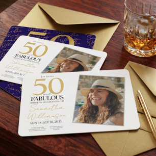 Invitation Or & Marine   50e Anniversaire de Naissance Photo 