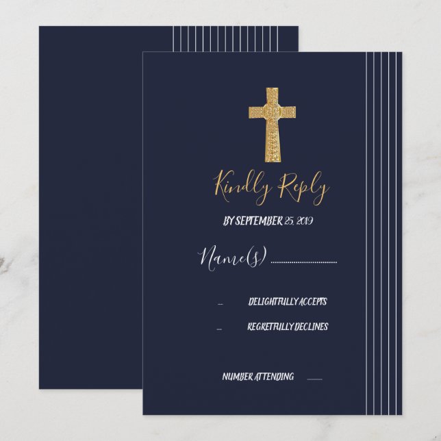 Invitation OR marine bleu élégant typographie RSVP (Devant / Derrière)