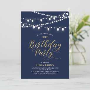 Invitation Or & Marine   Fête d'anniversaire moderne pour 50 