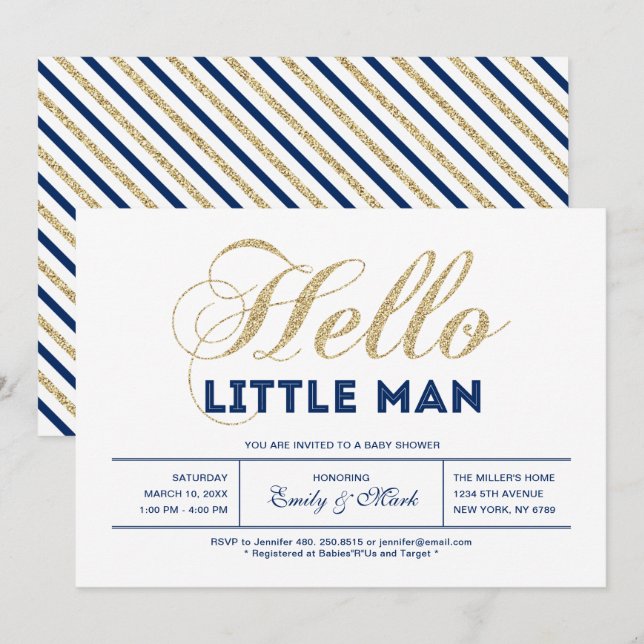 Invitation Or, Marine | Typographie moderne Baby shower garço (Devant / Derrière)