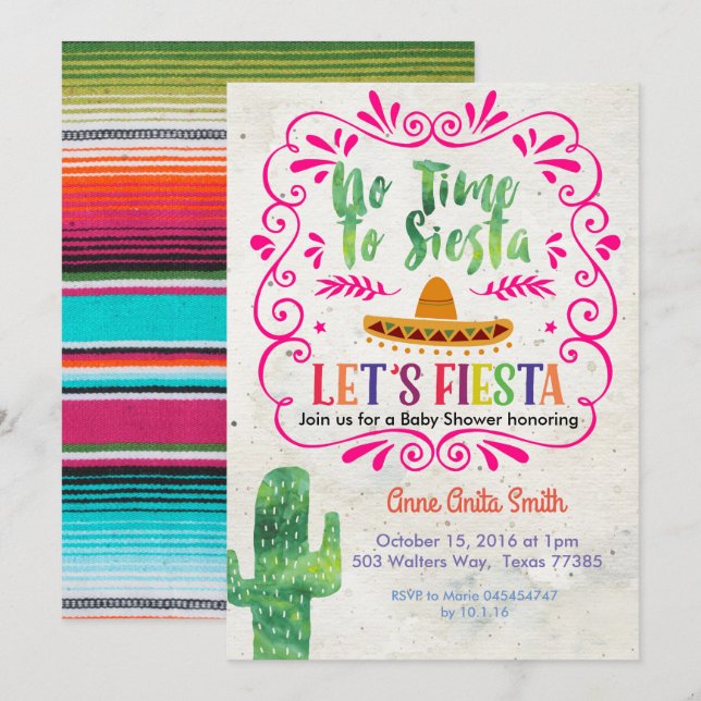 Invitation Or mexicain d'invitation de baby shower de cactus (Devant / Derrière)