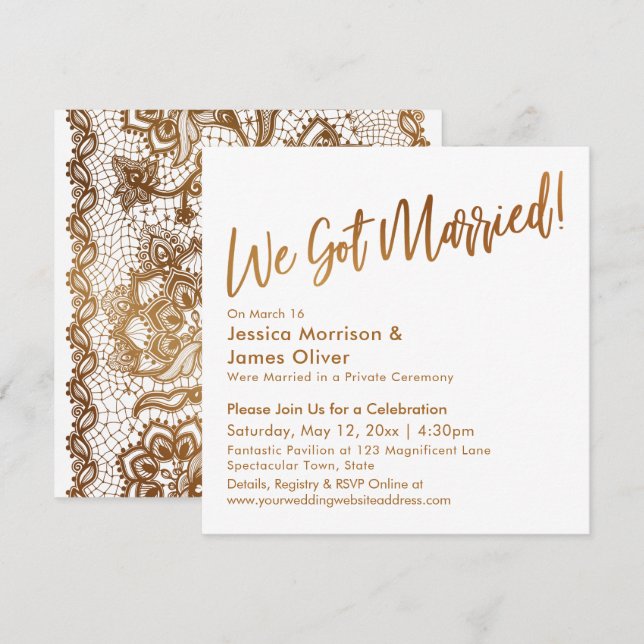 Invitation Or Moderne Écriture & Dentelle Nous sommes mariés  (Devant / Derrière)