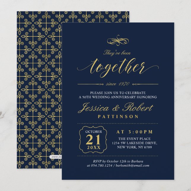 Invitation Or & Navy | Élégant 50e Anniversaire de Mariage (Devant / Derrière)