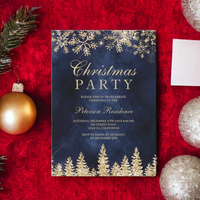 Invitation or neige marine bleu chic entreprise Noël (gold snow pine navy blue chic corporate Christmas Invitation)
