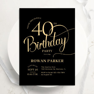 Invitation Or noir 40ème anniversaire Écriture élégante