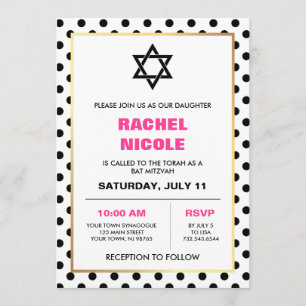 Invitation Or noir chic et bat mitzvah rose de pois