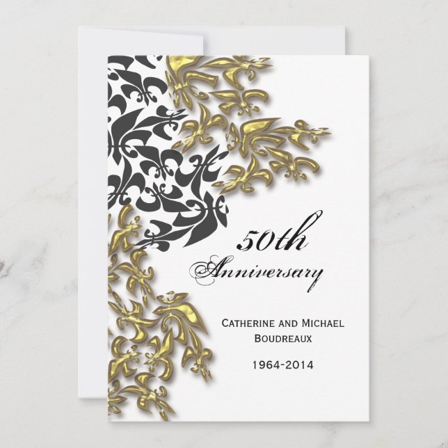 Invitation Or noir Damask Fleur de Lis Anniversary (Devant)